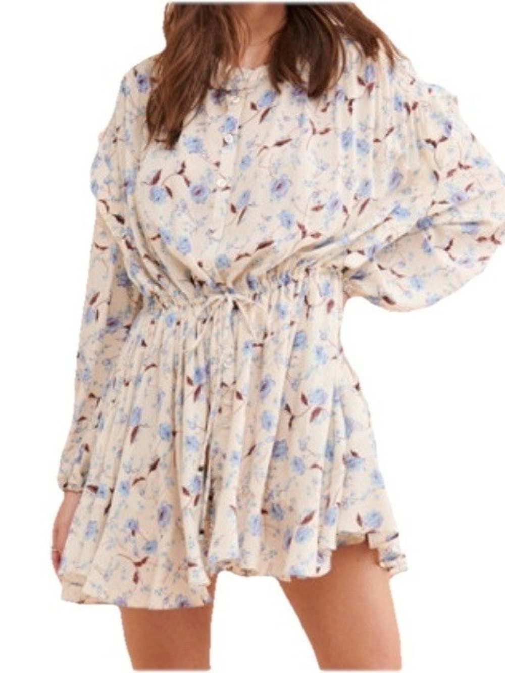 Free People Cream Mini Dress with Blue Floral Motif-Size:M